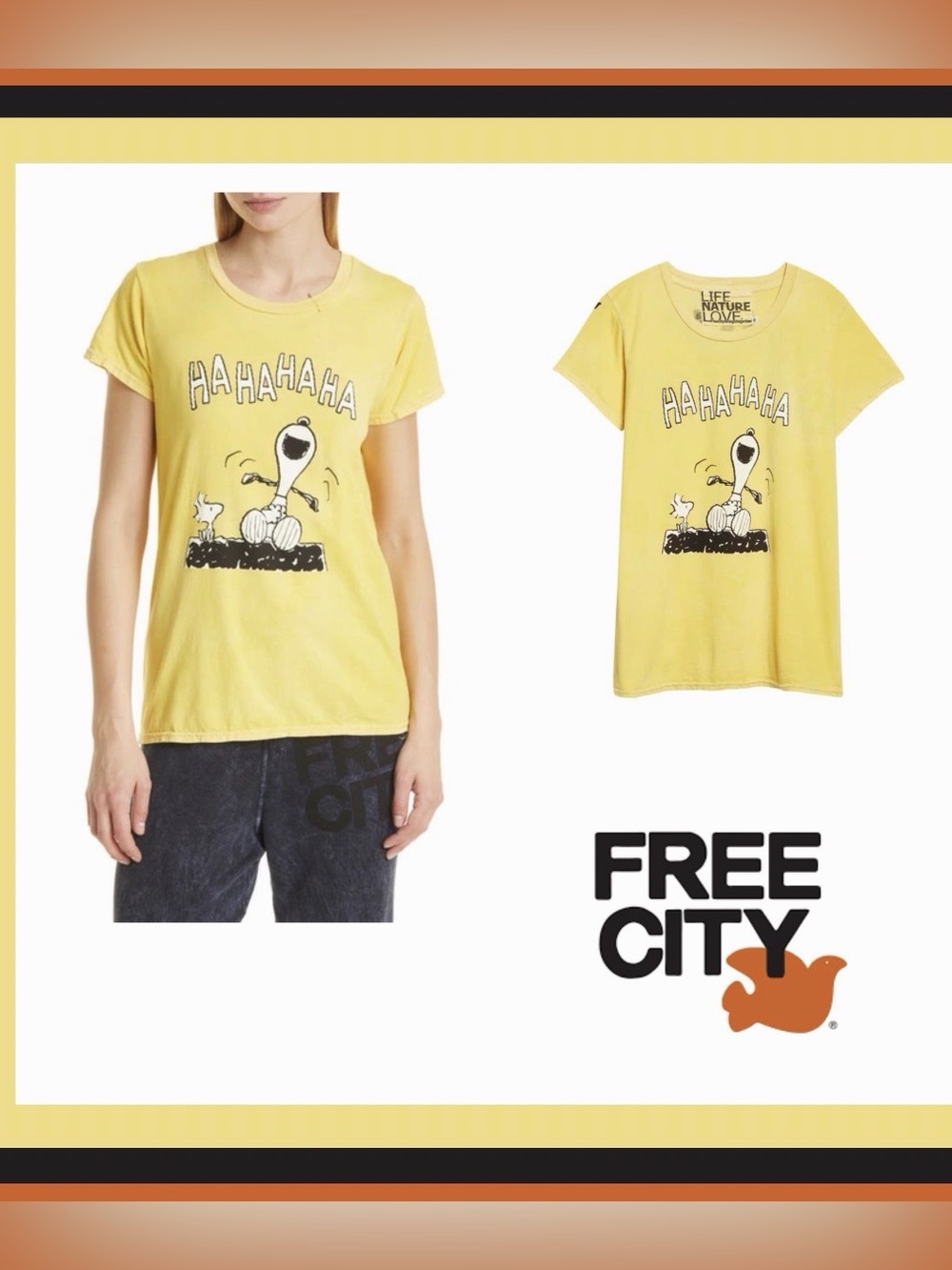 RARE Freecity Snoopy Ha Ha Ha Basic Goodness Tee Size S in Yellow